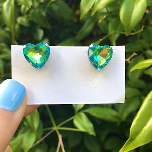 Emerald Blue AB Crystal Heart Earrings